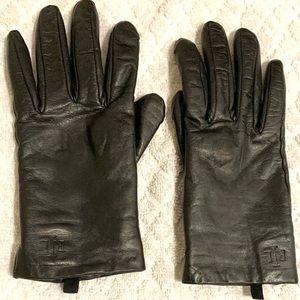 Women’s Lauren Ralph Lauren Black Leather and Gray Cashmere Gloves, Small